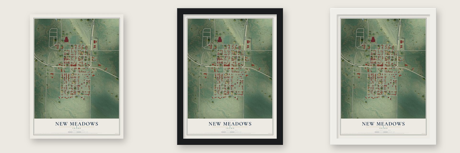 New Meadows, Idaho map unframed, in a black wood frame and in a white wood frame