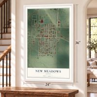 New Meadows, Idaho map, 24 x 36 inch print in a white frame by a staircase