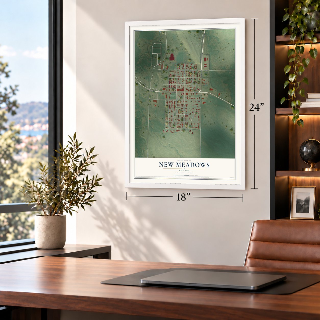 New Meadows, Idaho map, 18 x 24 inch print in a white frame in a home office