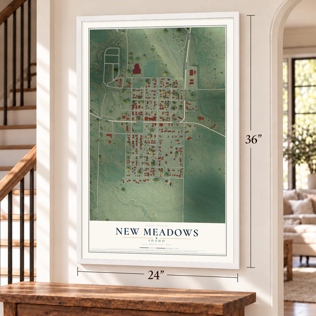 New Meadows, Idaho map, 24 x 36 inch print in a white frame by a staircase