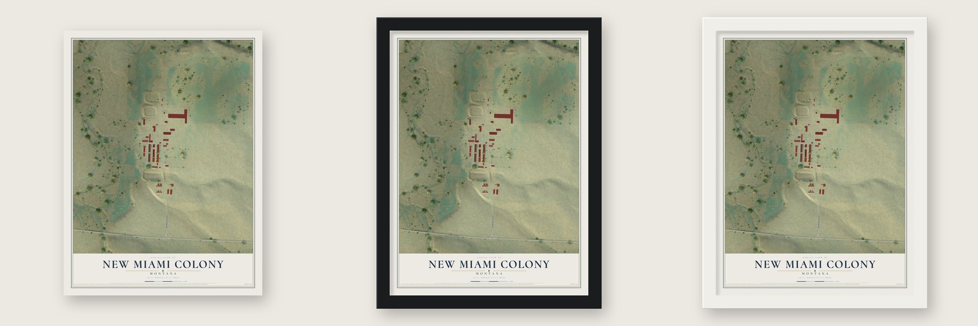 New Miami Colony, Montana map unframed, in a black wood frame and in a white wood frame