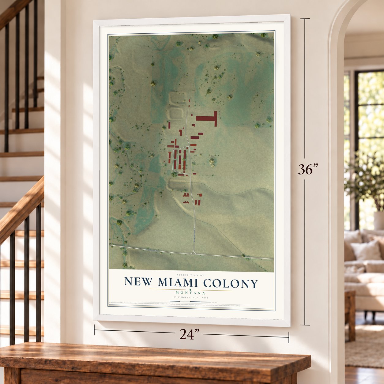 New Miami Colony, Montana map, 24 x 36 inch print in a white frame by a staircase