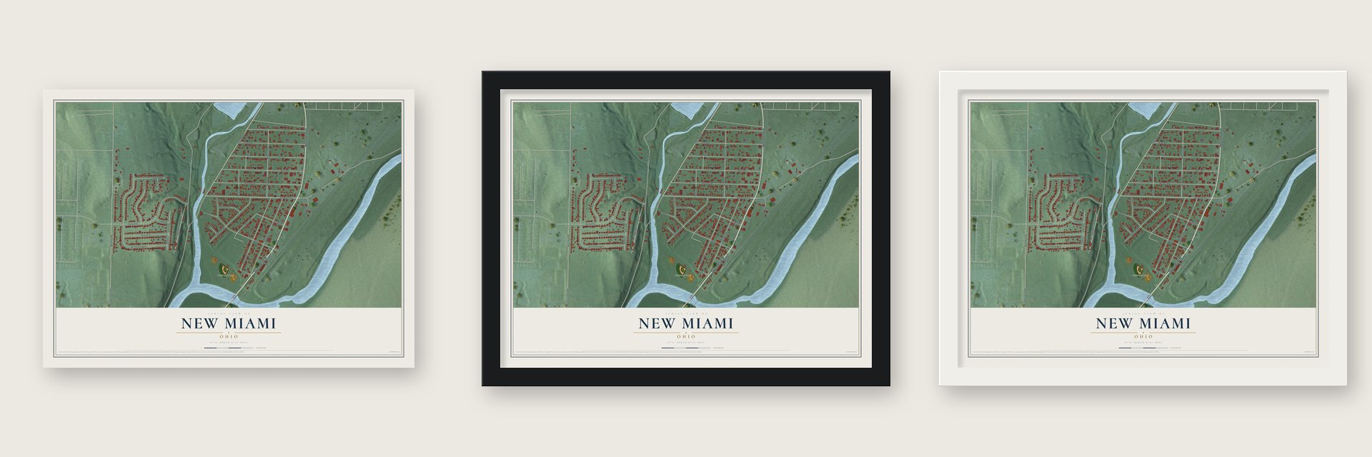 New Miami, Ohio map unframed, in a black wood frame and in a white wood frame