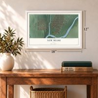 New Miami, Ohio map, 12 x 18 inch print in a white frame in an entryway