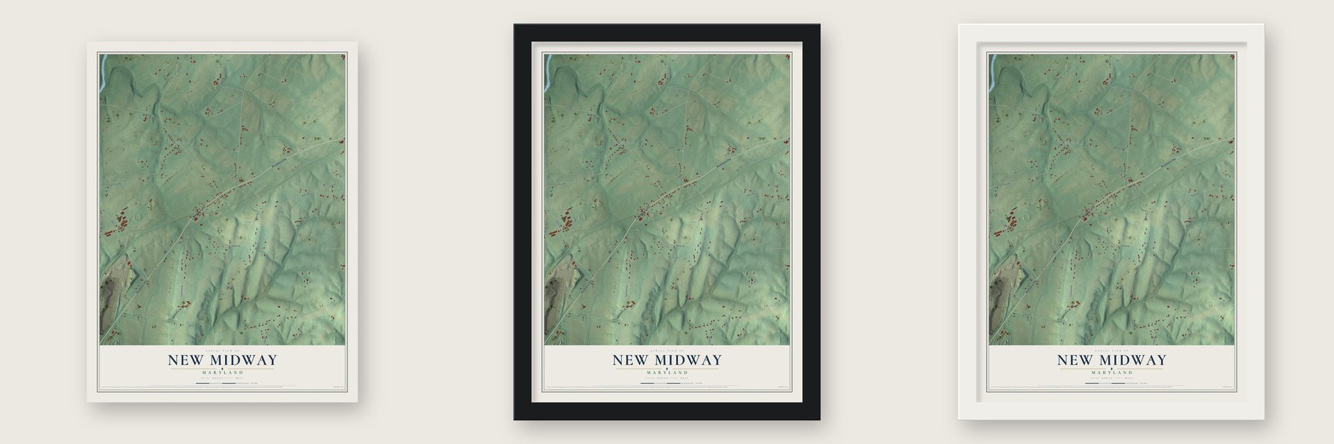 New Midway, Maryland map unframed, in a black wood frame and in a white wood frame
