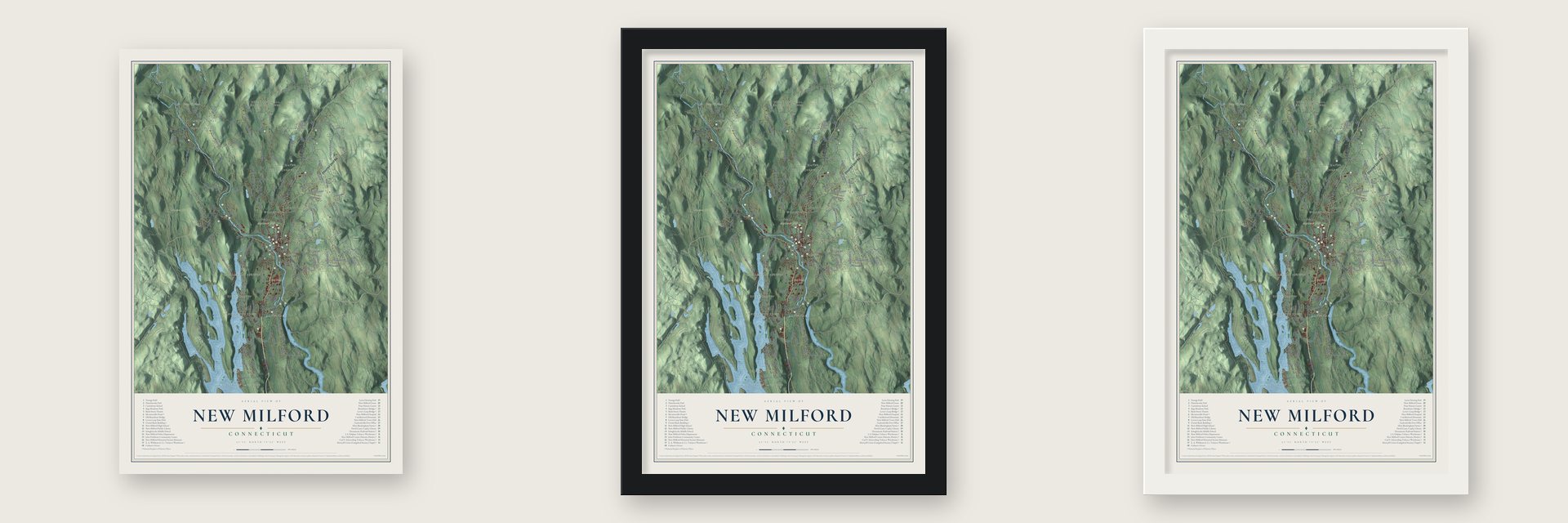 New Milford, Connecticut map unframed, in a black wood frame and in a white wood frame