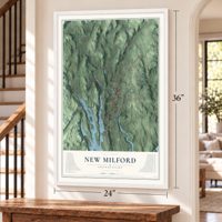New Milford, Connecticut map, 24 x 36 inch print in a white frame by a staircase