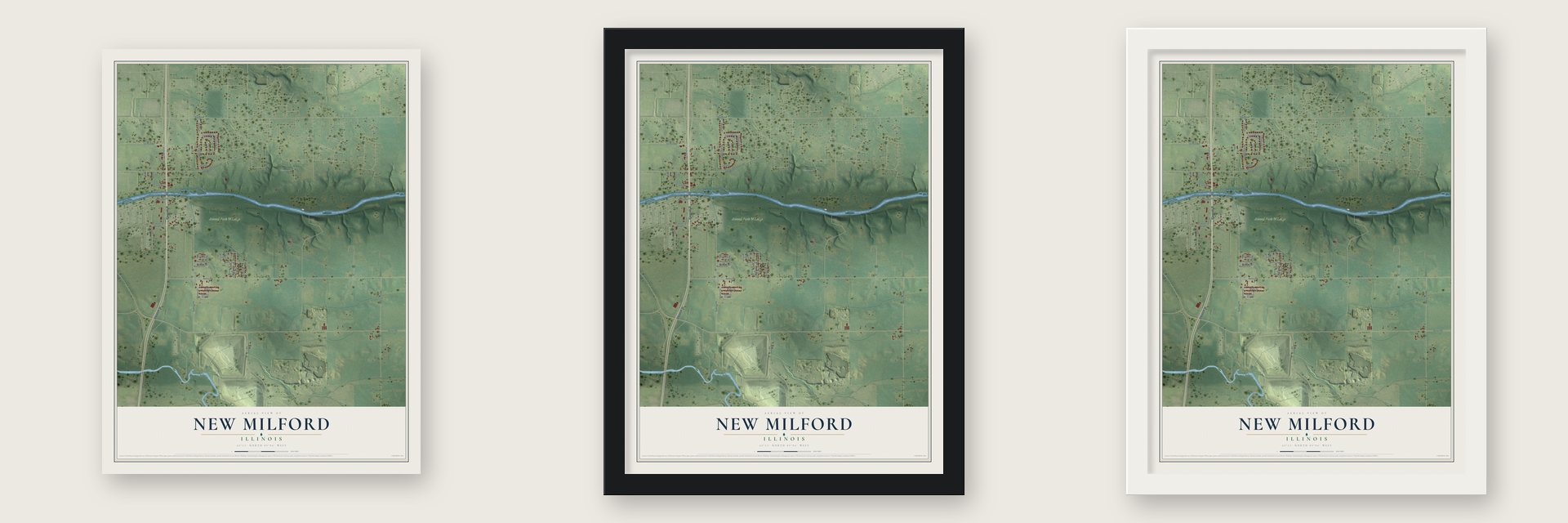 New Milford, Illinois map unframed, in a black wood frame and in a white wood frame