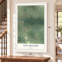 New Milford, Illinois map, 24 x 36 inch print in a white frame by a staircase