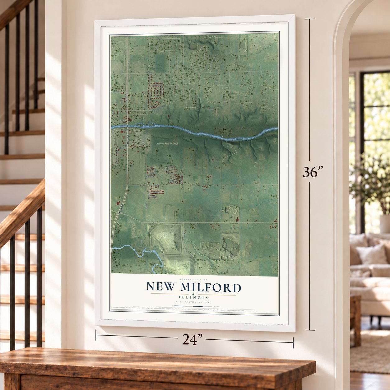 New Milford, Illinois map, 24 x 36 inch print in a white frame by a staircase