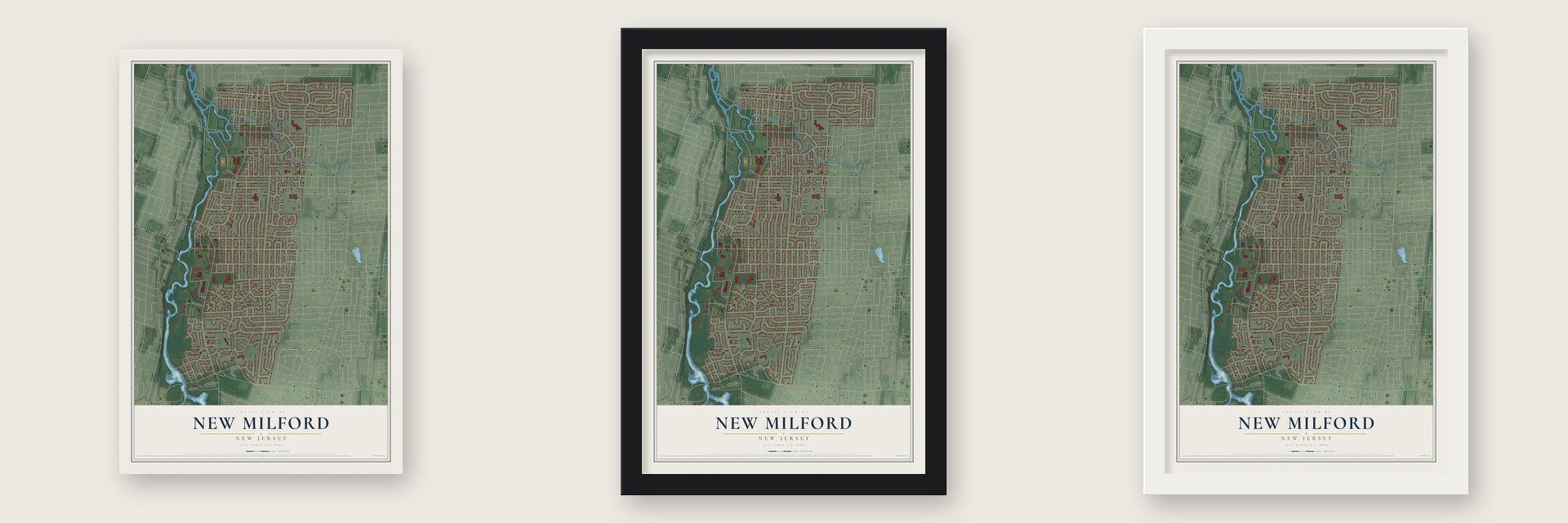 New Milford, New Jersey map unframed, in a black wood frame and in a white wood frame