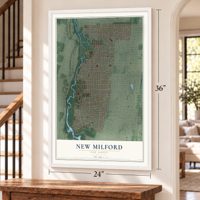 New Milford, New Jersey map, 24 x 36 inch print in a white frame by a staircase
