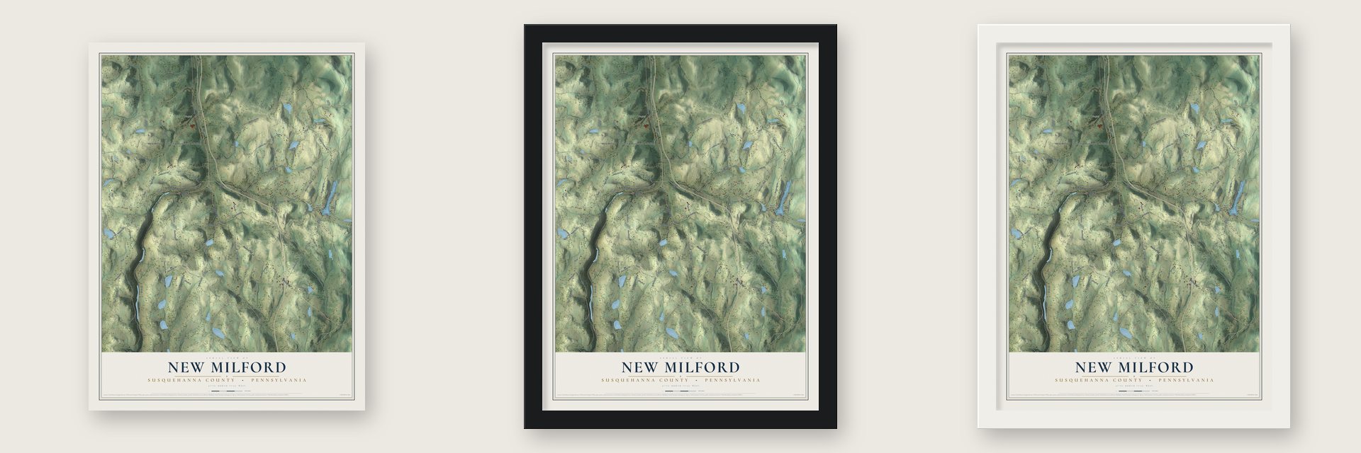 New Milford, Susquehanna County, Pennsylvania map unframed, in a black wood frame and in a white wood frame