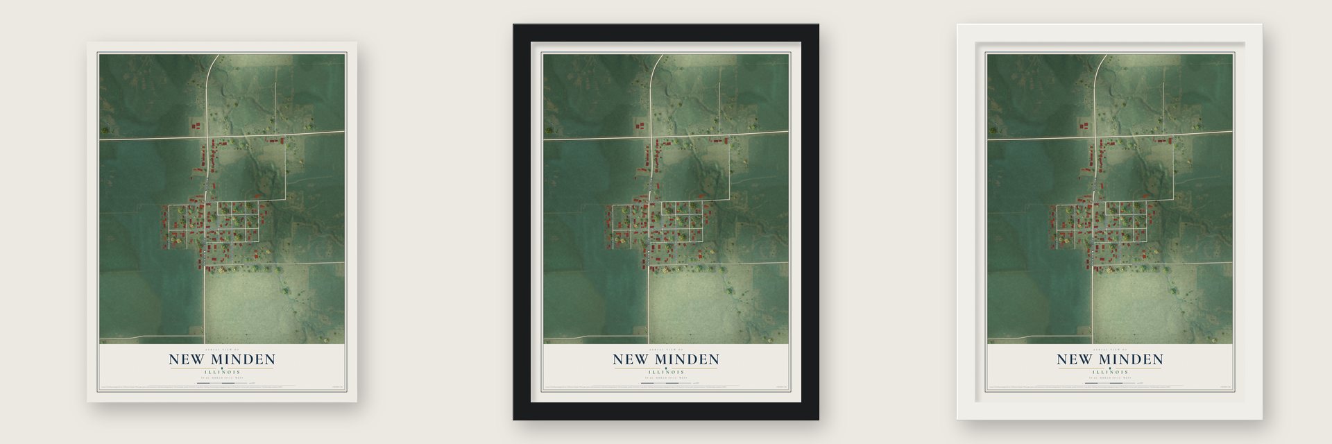 New Minden, Illinois map unframed, in a black wood frame and in a white wood frame