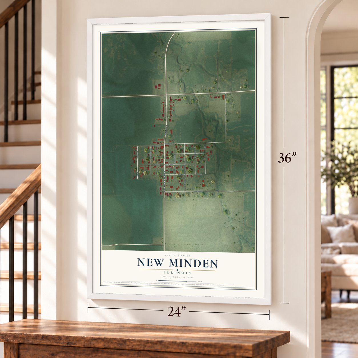 New Minden, Illinois map, 24 x 36 inch print in a white frame by a staircase