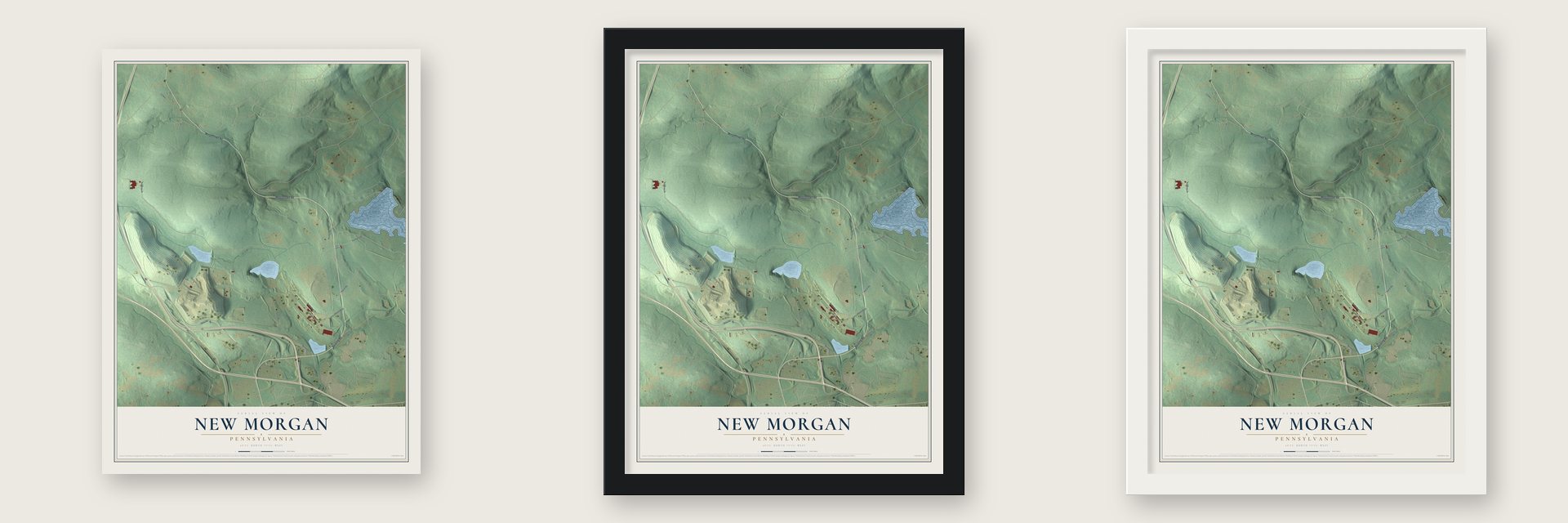 New Morgan, Pennsylvania map unframed, in a black wood frame and in a white wood frame