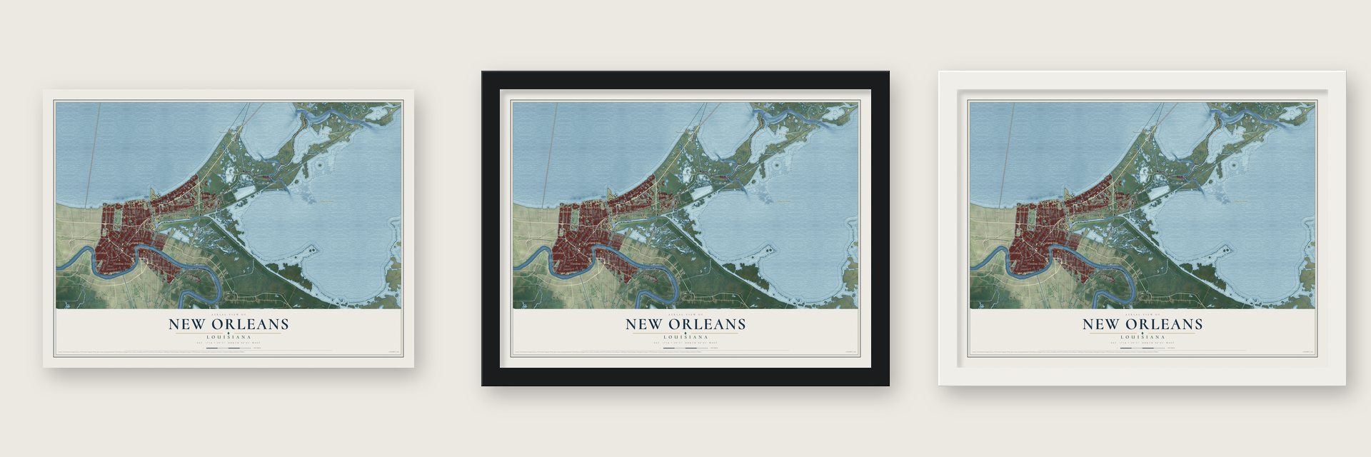 New Orleans, Louisiana map unframed, in a black wood frame and in a white wood frame