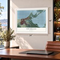 New Orleans, Louisiana map, 18 x 24 inch print in a white frame in a home office