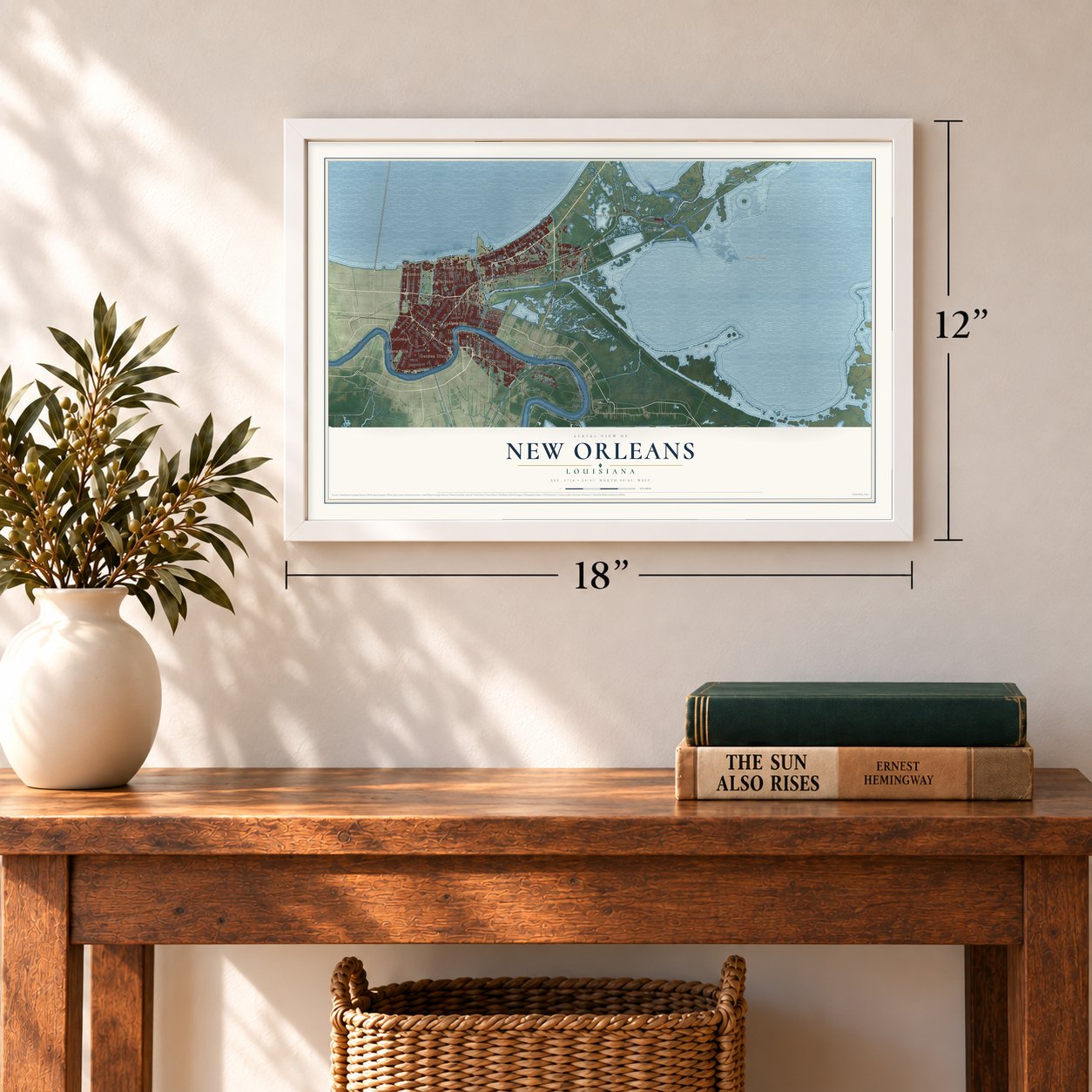 New Orleans, Louisiana map, 12 x 18 inch print in a white frame in an entryway