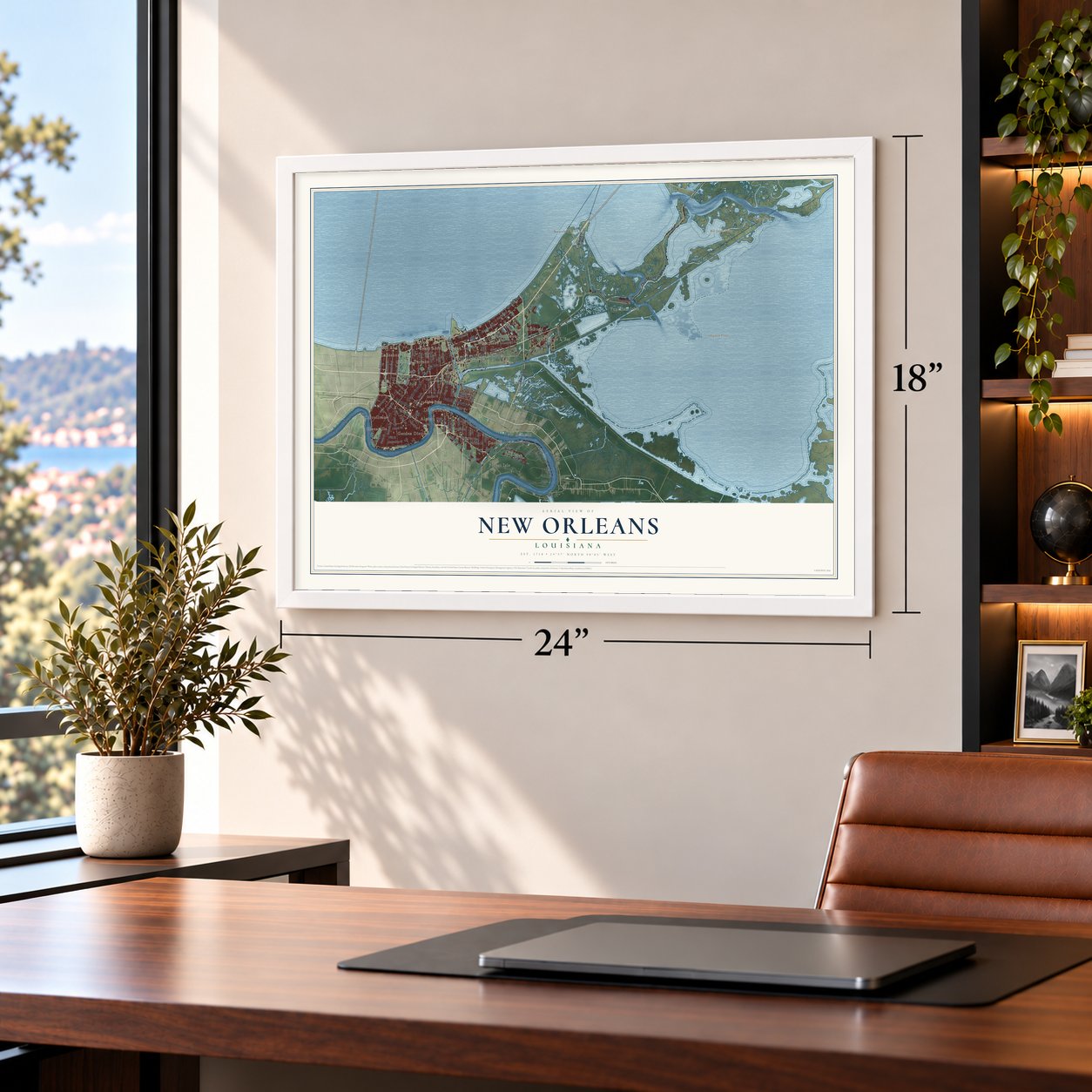 New Orleans, Louisiana map, 18 x 24 inch print in a white frame in a home office