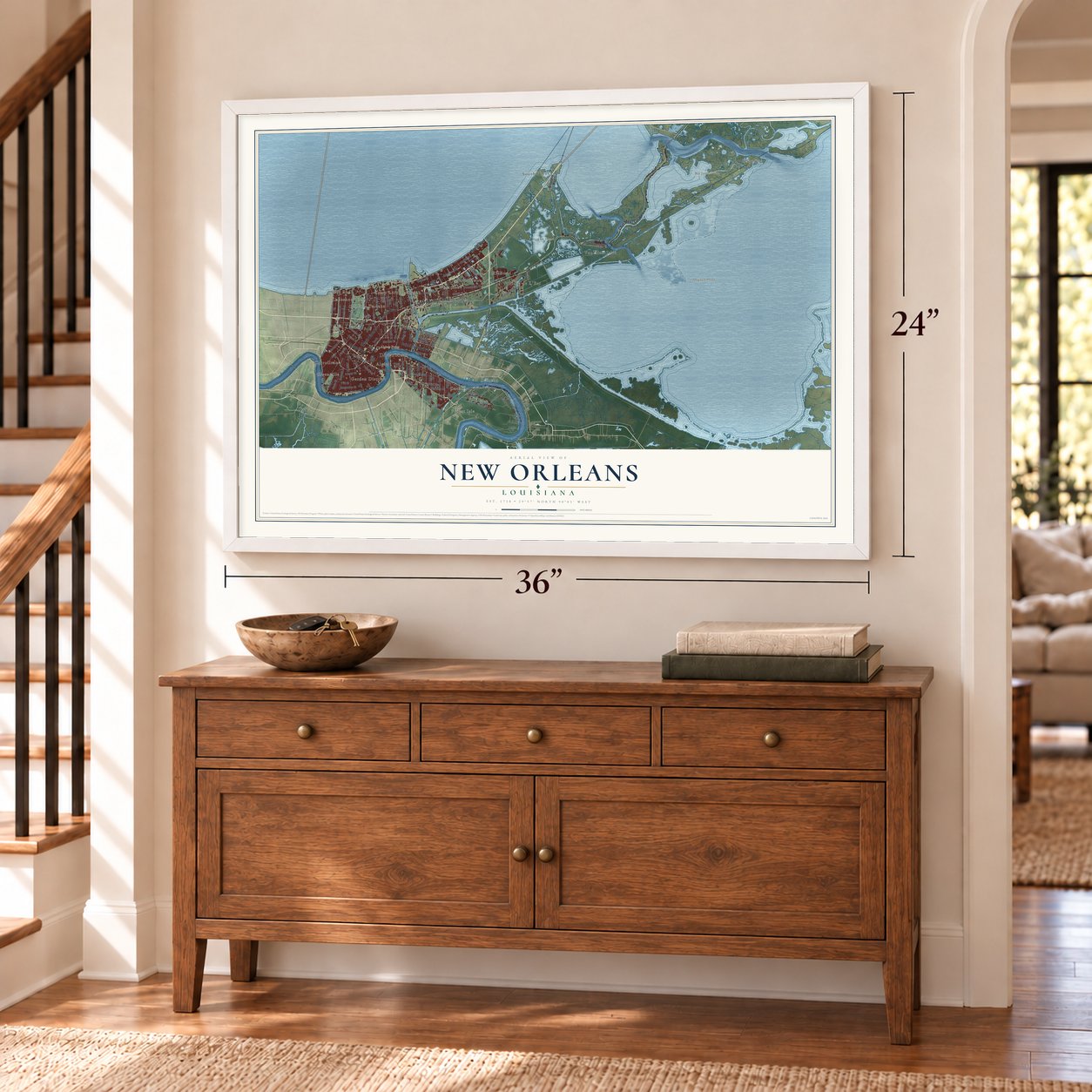 New Orleans, Louisiana map, 24 x 36 inch print in a white frame above a dresser by a staircase