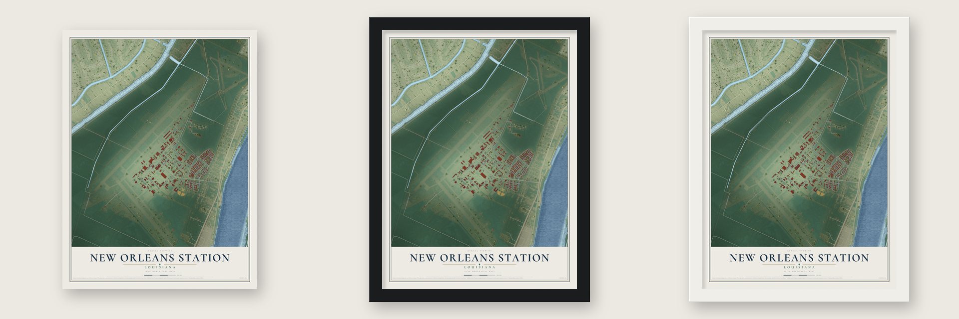New Orleans Station, Louisiana map unframed, in a black wood frame and in a white wood frame