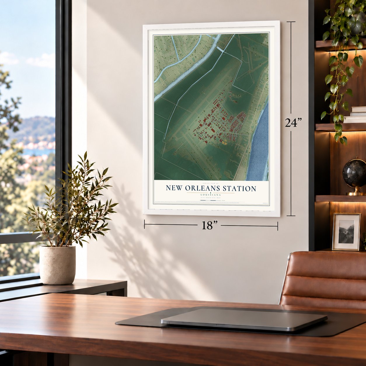 New Orleans Station, Louisiana map, 18 x 24 inch print in a white frame in a home office