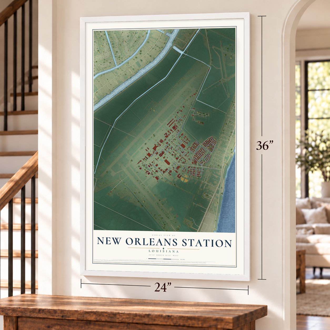 New Orleans Station, Louisiana map, 24 x 36 inch print in a white frame by a staircase