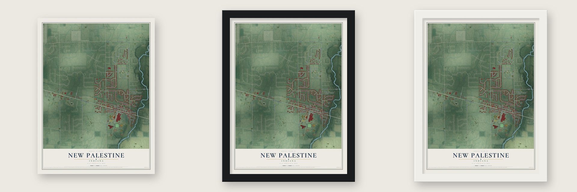 New Palestine, Indiana map unframed, in a black wood frame and in a white wood frame