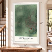 New Palestine, Indiana map, 24 x 36 inch print in a white frame by a staircase