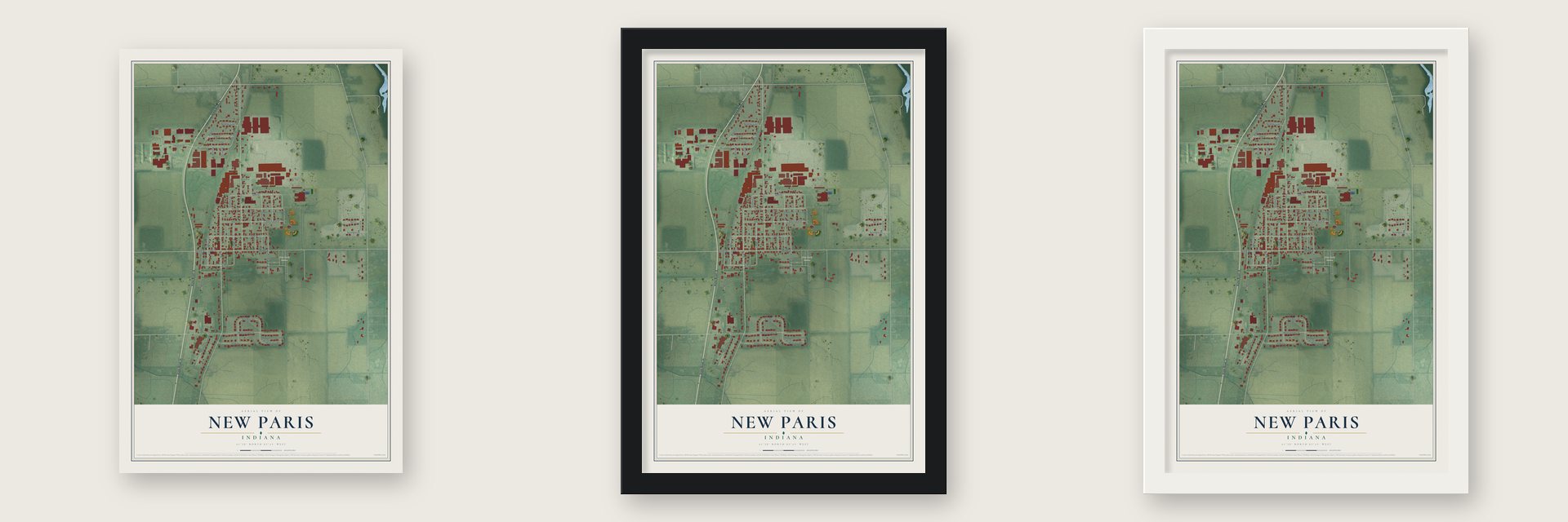 New Paris, Indiana map unframed, in a black wood frame and in a white wood frame
