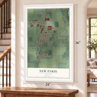 New Paris, Indiana map, 24 x 36 inch print in a white frame by a staircase
