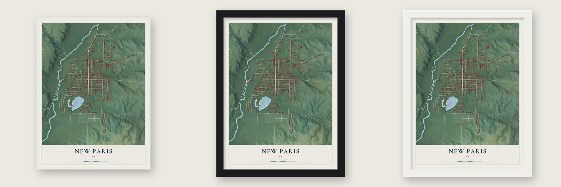 New Paris, Ohio map unframed, in a black wood frame and in a white wood frame