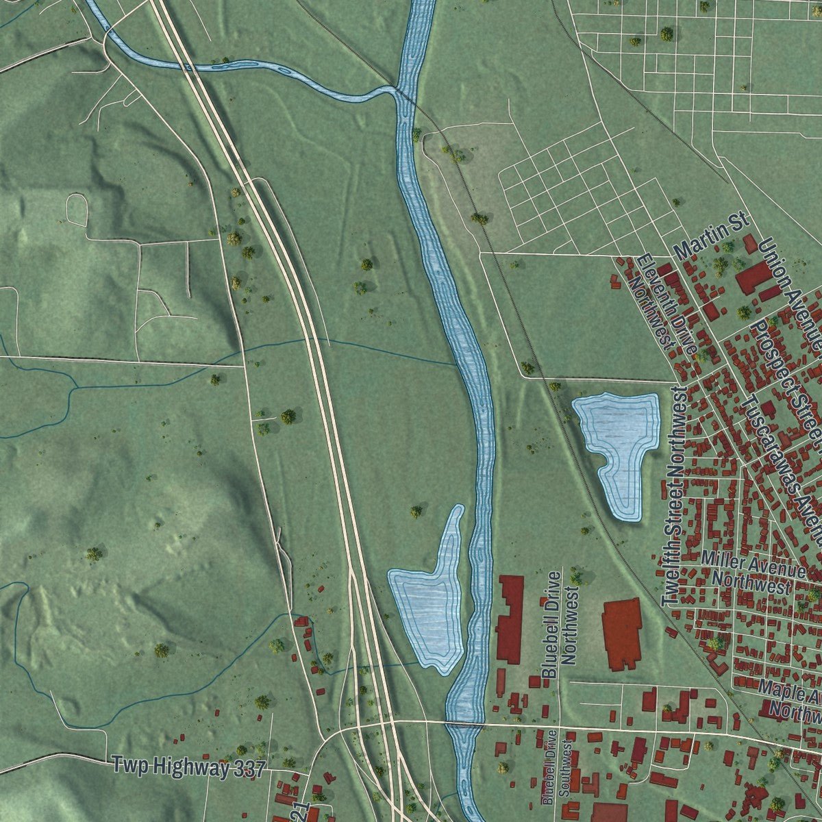 Second close-up of the map of New Philadelphia, Ohio print showing more streets and buildings