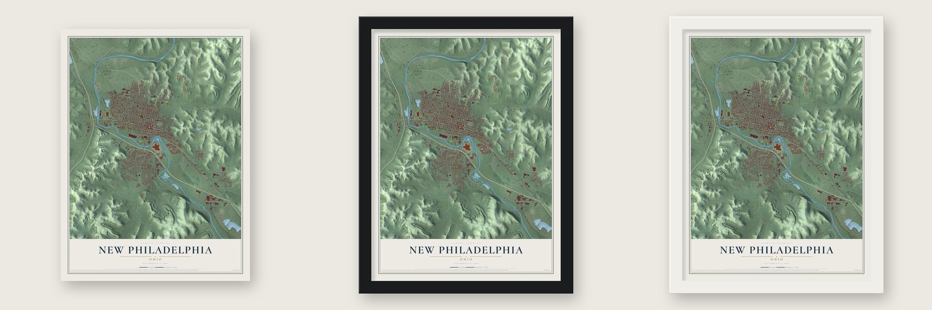 New Philadelphia, Ohio map unframed, in a black wood frame and in a white wood frame