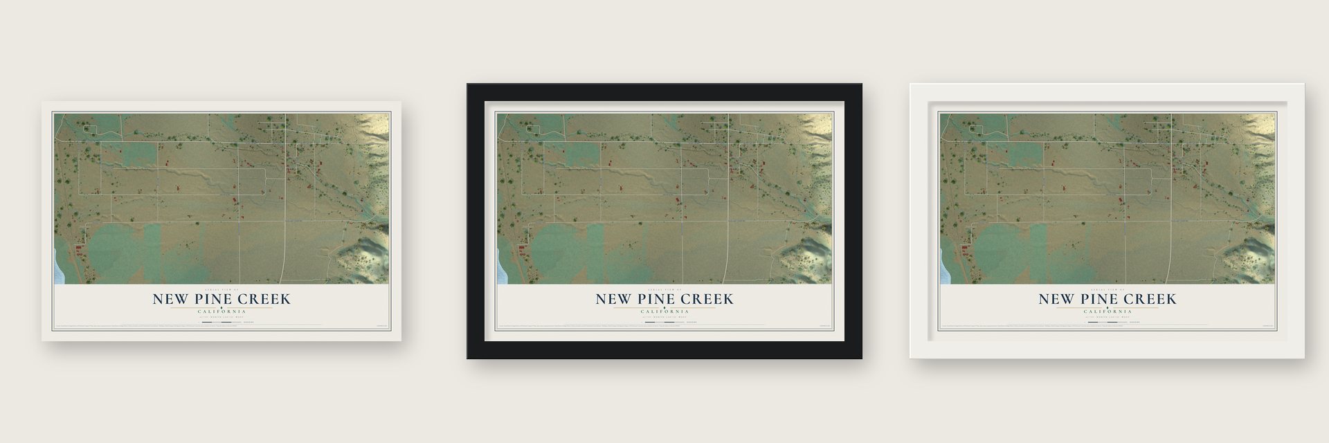 New Pine Creek, California map unframed, in a black wood frame and in a white wood frame
