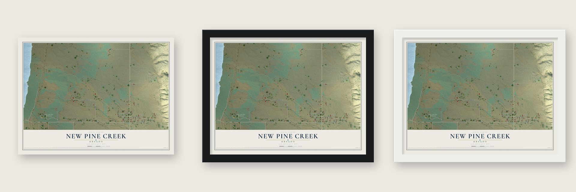 New Pine Creek, Oregon map unframed, in a black wood frame and in a white wood frame