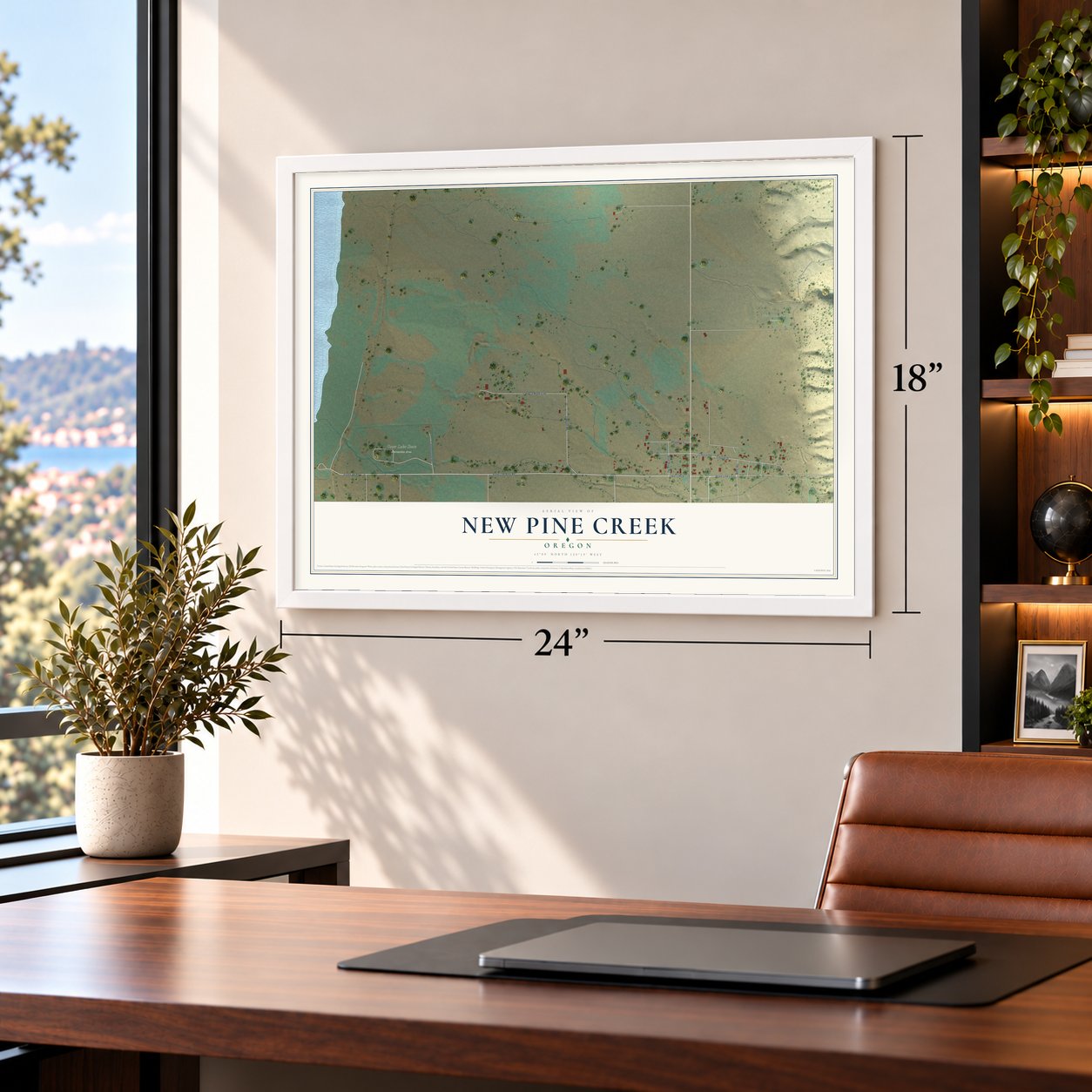 New Pine Creek, Oregon map, 18 x 24 inch print in a white frame in a home office