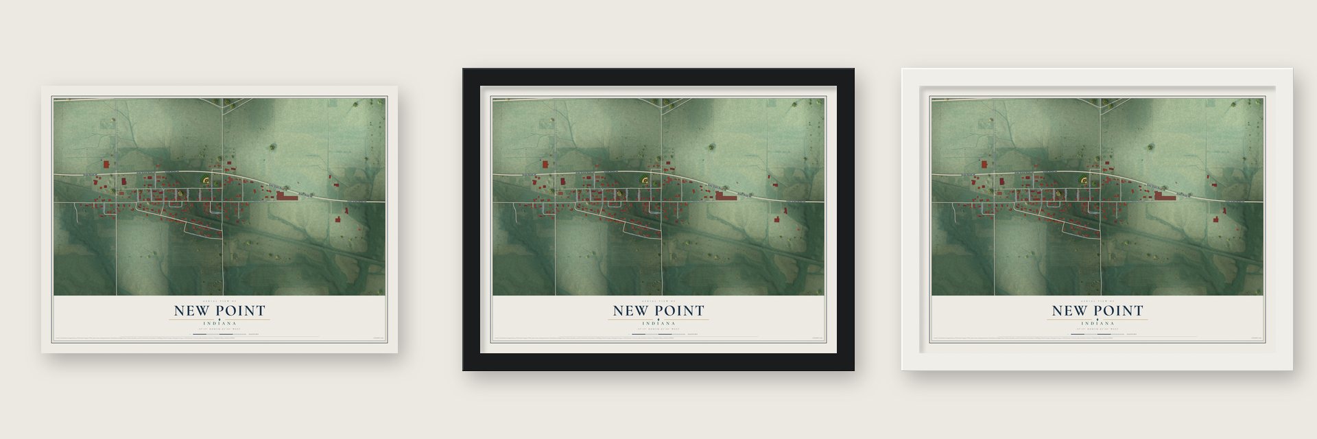 New Point, Indiana map unframed, in a black wood frame and in a white wood frame