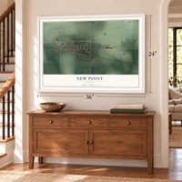 New Point, Indiana map, 24 x 36 inch print in a white frame above a dresser by a staircase