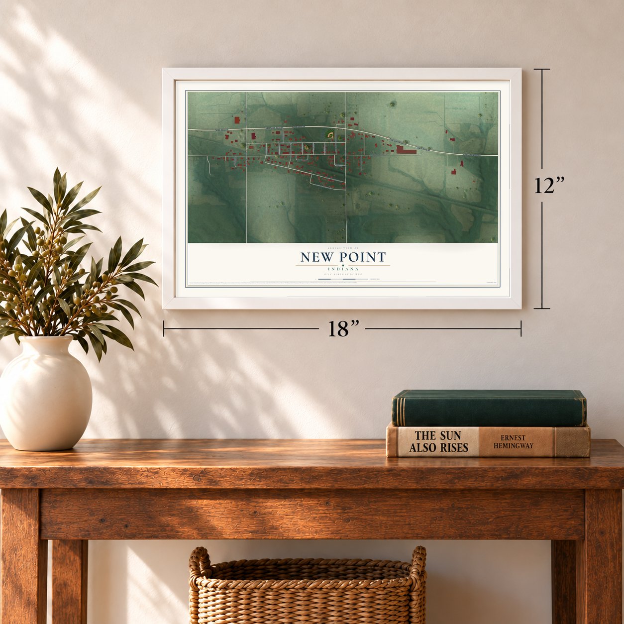 New Point, Indiana map, 12 x 18 inch print in a white frame in an entryway