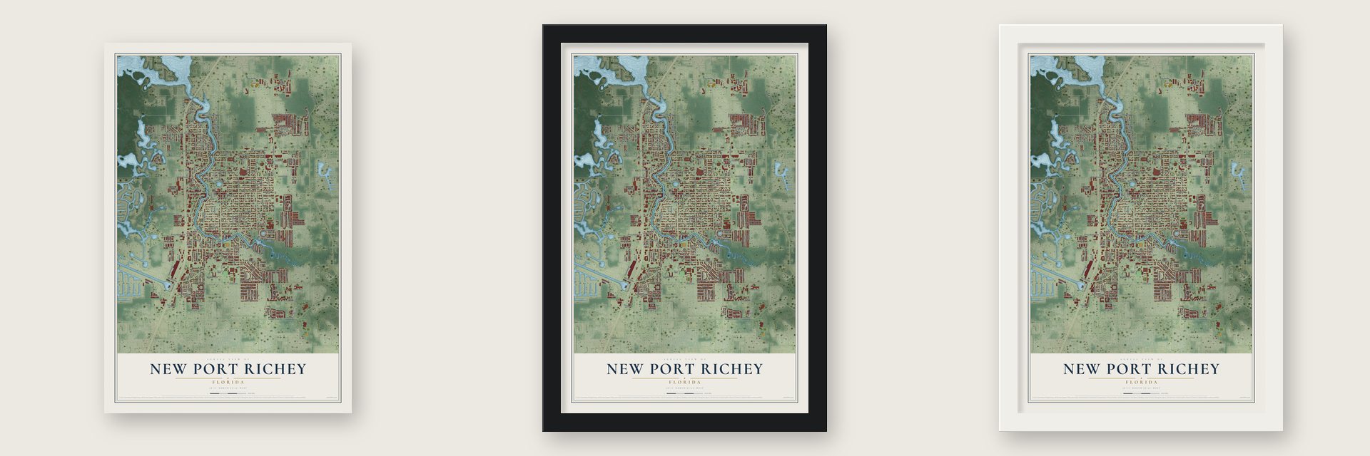 New Port Richey, Florida map unframed, in a black wood frame and in a white wood frame