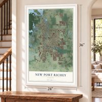 New Port Richey, Florida map, 24 x 36 inch print in a white frame by a staircase