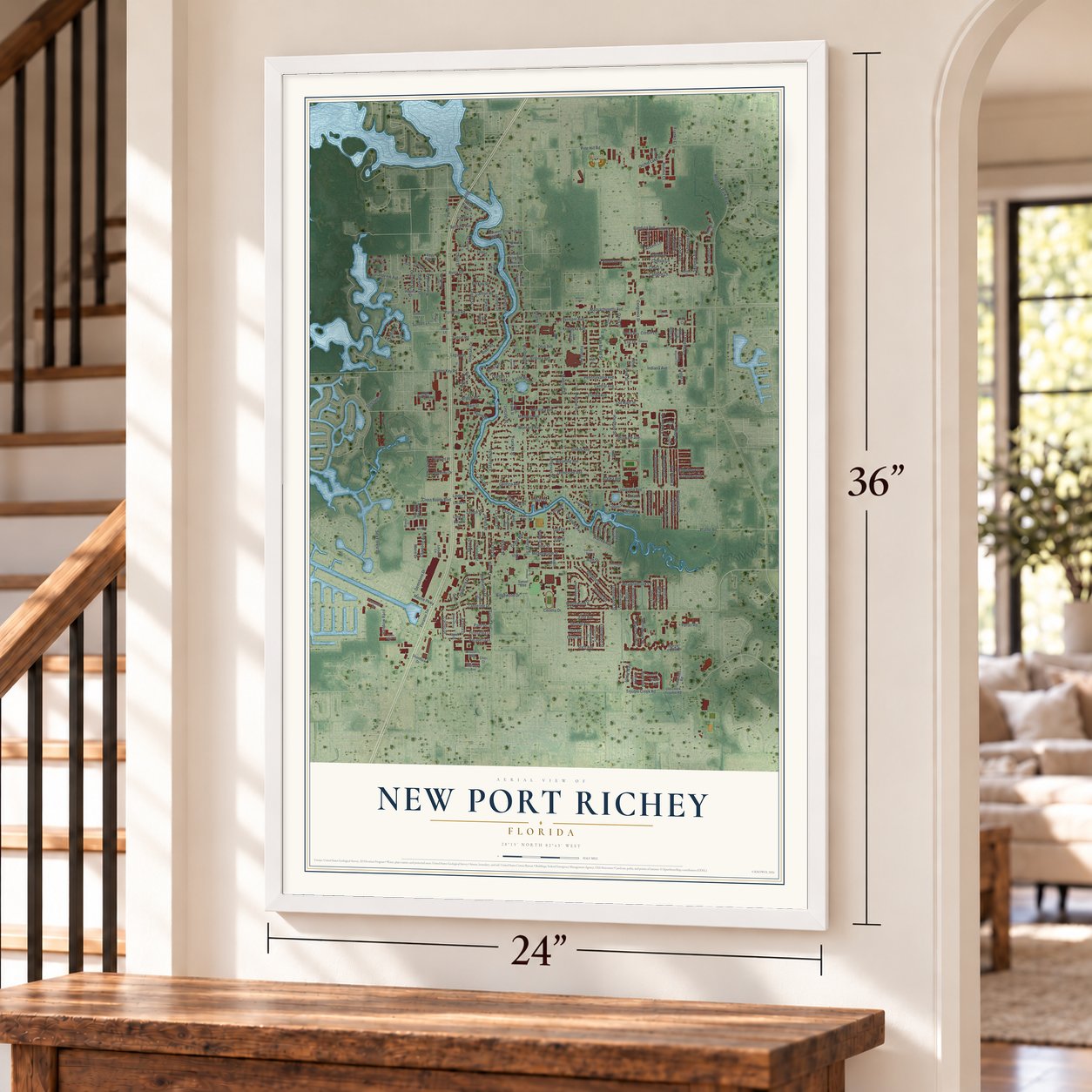 New Port Richey, Florida map, 24 x 36 inch print in a white frame by a staircase