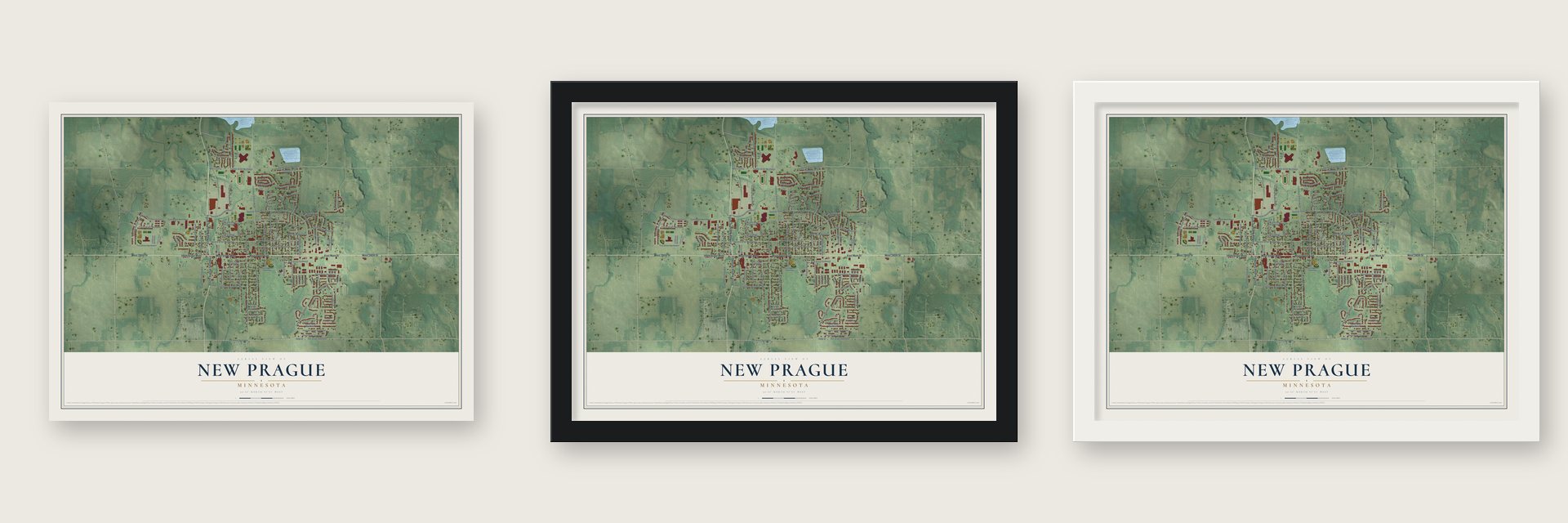 New Prague, Minnesota map unframed, in a black wood frame and in a white wood frame