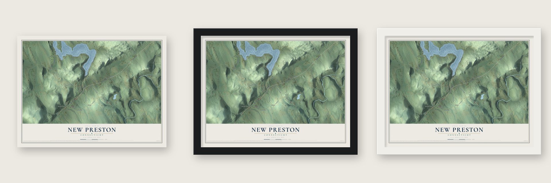 New Preston, Connecticut map unframed, in a black wood frame and in a white wood frame