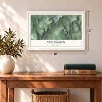New Preston, Connecticut map, 12 x 18 inch print in a white frame in an entryway