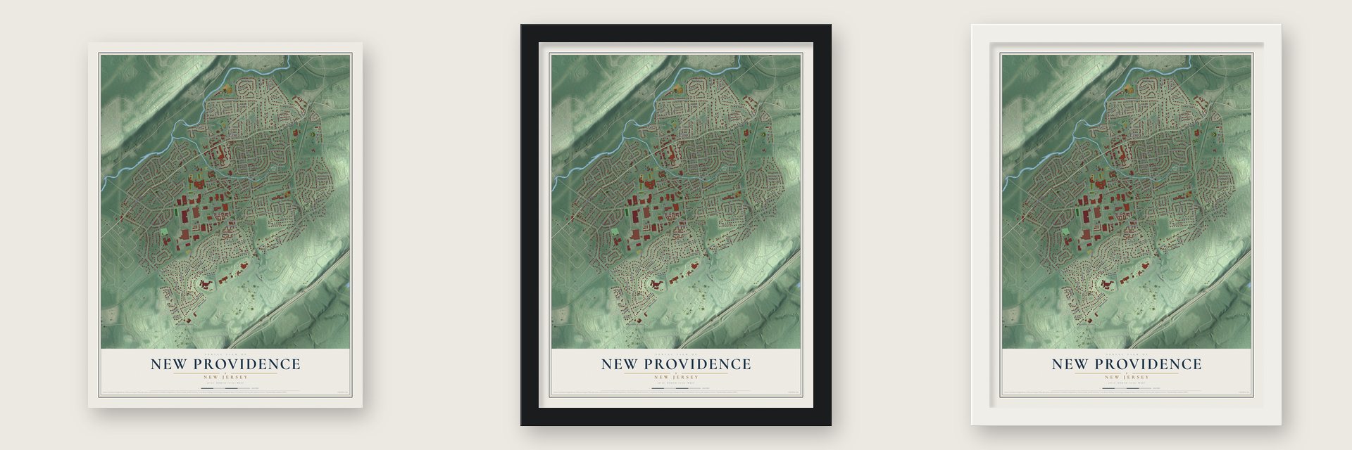 New Providence, New Jersey map unframed, in a black wood frame and in a white wood frame