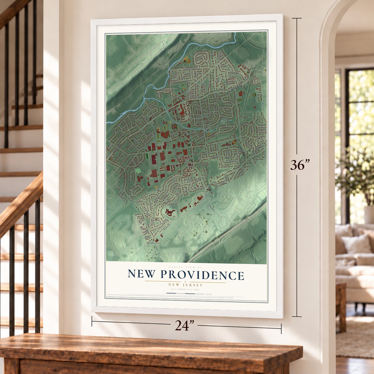 New Providence, New Jersey map, 24 x 36 inch print in a white frame by a staircase
