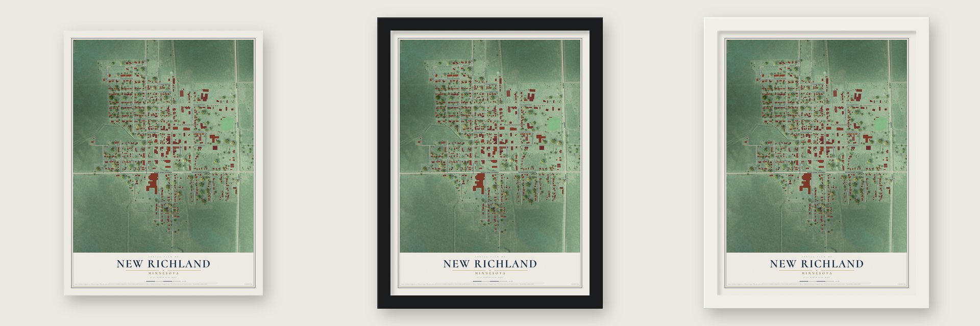 New Richland, Minnesota map unframed, in a black wood frame and in a white wood frame